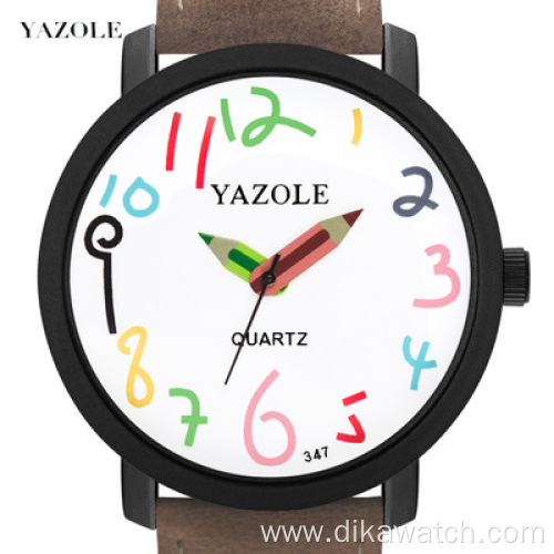 Yazole 329 New Student Casual Cheap Watch Brown Leather Analog Quartz Wrist Watches Dress Colorful Children Watch